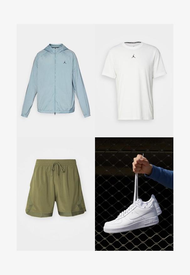 Heledsinine tuulejope, mis on valmistatud siledast ja kergest materjalist. Omab kapuutsit, täispikkus tõmblukk ning must logo rindkeres.; Valge lühikeste varrukatega T-särk, mis on valmistatud puuvillast, ning millel on must Jumpman logo rinnal ja ümmargune kaelus musta sisetagiga.; Jordan M J DF SPRT WVN DMND - Spordišortsid - medium olive; Valged nahast tennisetossud, millel on perforatsioonid, ümar nina, lame tallus ja paksud nöörid, nähtava swooshi logoga ja "AIR" kontsadel.