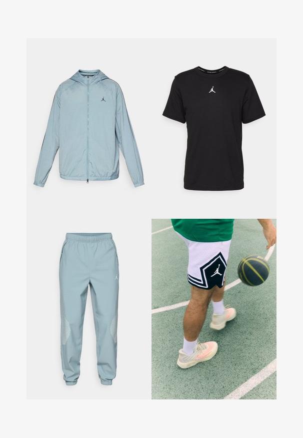 Vaaleansininen tuulipuku, joka on valmistettu sileästä ja kevyestä materiaalista. Siinä on huppu, koko pituinen vetoketju ja musta logo rintataskussa.; Mustat puuvillapaidat lyhyillä hihoilla, pyöreällä kaula-aukolla, jossa on valkoinen Jumpman-logo rinnan keskellä ja sileä, kevyt rakenne.; Vaaleansiniset urheilushortsit, joissa on joustava vyötärö, sivutaskut ja heijastavat pistekoristeet alavarsissa.; Mustat ja valkoiset koripalloshortsit, joissa on timanttimerkki ja logo. Vaaleat lenkkitossut, joissa on pyörivä kuvio ja korostusviivoja. Koripallo liikkeessä.