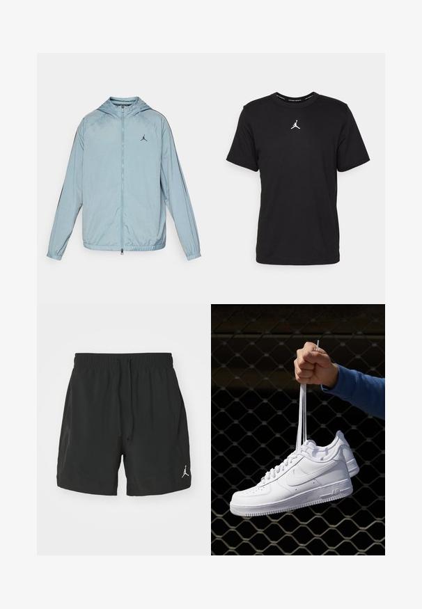 Casaco corta-vento azul claro feito de material suave e leve. Apresenta capuz, fecho de correr de comprimento total e um logotipo preto no peito.; T-shirt de algodão preto com mangas curtas, gola redonda, apresentando um logo Jumpman branco ao centro do peito e uma textura lisa e leve.; Calções de desporto pretos feitos de um tecido leve. Apresentam um cós elástico com cordão e um pequeno logótipo branco no canto inferior esquerdo.; Sapatilhas de couro branco com perfurações, biqueira redonda, sola plana e atacadores grossos, apresentando um logotipo swoosh visível e "AIR" no calcanhar.