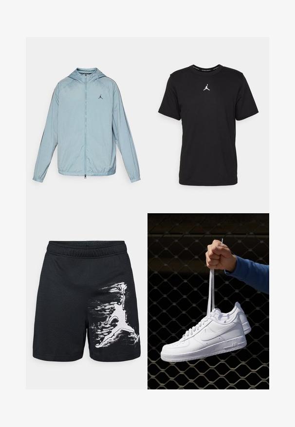 Casaco corta-vento azul claro feito de material suave e leve. Apresenta capuz, fecho de correr de comprimento total e um logotipo preto no peito.; T-shirt de algodão preto com mangas curtas, gola redonda, apresentando um logo Jumpman branco ao centro do peito e uma textura lisa e leve.; Calções atléticos em malha preta com cintura elástica e um padrão abstrato branco no lado direito. Tecido leve e respirável.; Sapatilhas de couro branco com perfurações, biqueira redonda, sola plana e atacadores grossos, apresentando um logotipo swoosh visível e "AIR" no calcanhar.
