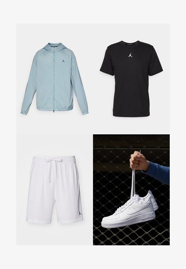 Chaqueta cortavientos azul claro hecha de material suave y ligero. Cuenta con capucha, cremallera completa y un logo negro en el pecho.; Camiseta de algodón negra con mangas cortas, cuello redondo, con un logo Jumpman blanco en el centro del pecho y una textura suave y ligera.; Shorts deportivos blancos con textura de malla, cinturilla elástica y cordón. Presenta un logo negro en la parte inferior izquierda.; Zapatillas de cuero blanco con perforaciones, punta redonda, suela plana y cordones gruesos, con un logo de swoosh visible y "AIR" en el talón.