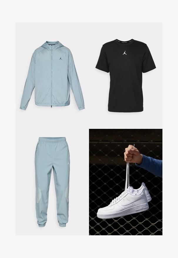 Jasnoniebieska kurtka przeciwwiatrowa wykonana z gładkiego, lekkiego materiału. Posiada kaptur, zamek błyskawiczny na całej długości oraz czarne logo na klatce piersiowej.; Czarna bawełniana koszulka z krótkim rękawem, okrągłym dekoltem, z białym logo Jumpman na środku klatki piersiowej oraz gładką, lekką strukturą.; Jasnoniebieskie dresowe spodnie z elastycznym pasem, bocznymi kieszeniami oraz odblaskowymi kropkami na dolnej części nogawek.; Białe skórzane sneakersy z perforacjami, okrągłym noskiem, płaską podeszwą i grubymi sznurówkami, z widocznym logo swoosh i napisem „AIR” na pięcie.
