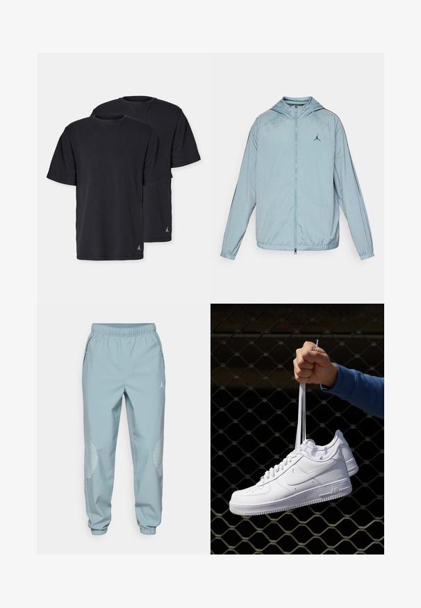 Heledsinine tuulejope, mis on valmistatud siledast ja kergest materjalist. Omab kapuutsit, täispikkus tõmblukk ning must logo rindkeres.; Mustad puuvillased T-särgid standardse lõikega, lühikeste varrukate ja ümarate kaelustega. Vasakul serval on väike logo. Kahepakendis.; Heledad sinine sportlikud jooksupüksid, millel on elastne vöökoht, küljetaskud ja peegeldavad täpikujundused alumistel jalgadel.; Valged nahast tennisetossud, millel on perforatsioonid, ümar nina, lame tallus ja paksud nöörid, nähtava swooshi logoga ja "AIR" kontsadel.