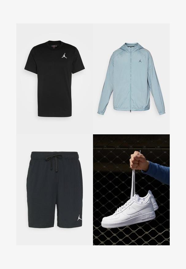 Jasnoniebieska kurtka przeciwwiatrowa wykonana z gładkiego, lekkiego materiału. Posiada kaptur, zamek błyskawiczny na całej długości oraz czarne logo na klatce piersiowej.; Czarny bawełniany t-shirt z krótkimi rękawami, okrągłym dekoltem oraz białym logo Jumpman na lewej piersi. Gładka tekstura, standardowy krój.; Czarne spodenki sportowe z perforowanej tkaniny, z elastycznym paskiem w talii i sznurkiem. Posiadają białe logo po lewej stronie dolnej.; Białe skórzane sneakersy z perforacjami, okrągłym noskiem, płaską podeszwą i grubymi sznurówkami, z widocznym logo swoosh i napisem „AIR” na pięcie.