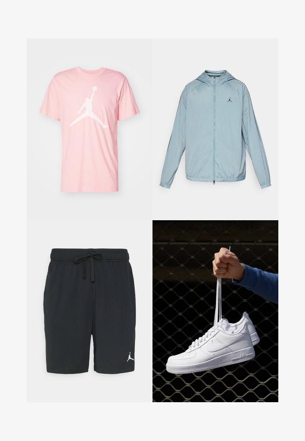 Giacca a vento azzurra chiara realizzata in materiale liscio e leggero. Presenta un cappuccio, una cerniera a lunghezza totale e un logo nero sul petto.; Jordan JUMPMAN SS CREW - T-shirt con stampa - legend pink/white; Pantaloni sportivi neri realizzati in tessuto perforato, con vita elasticizzata e coulisse. Presentano un logo bianco sul lato sinistro in basso.; Sneakers in pelle bianca con perforazioni, punta rotonda, suola piatta e lacci spessi, con logo swoosh visibile e "AIR" sul tallone.