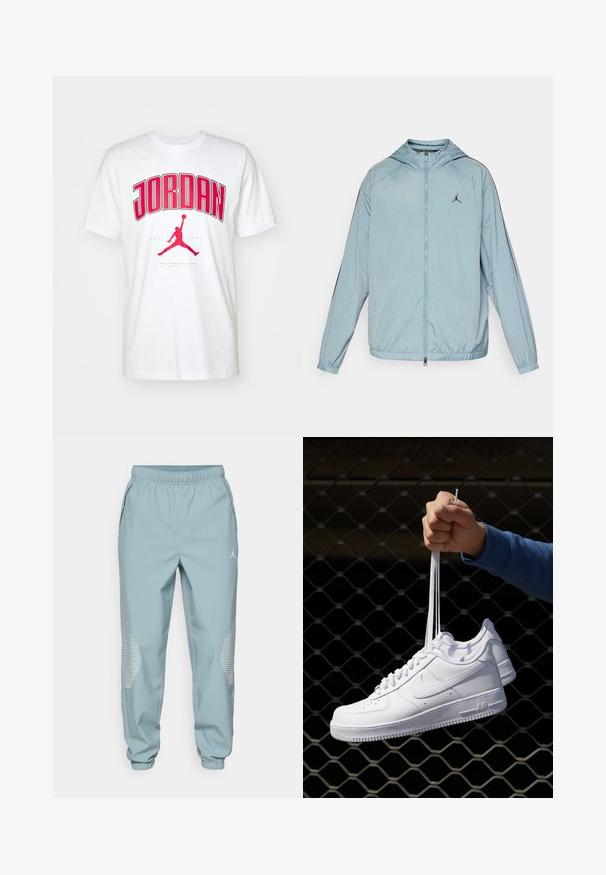 Light blue windbreaker jacket made of smooth, lightweight material. Features a hood, full-length zipper, and a black logo on the chest.; White cotton t-shirt featuring bold red "JORDAN" text and a red Jumpman logo. Short sleeves and a classic crew neck design.; Light blue athletic joggers with an elastic waistband, side pockets, and reflective dotted accents on the lower legs.; White leather sneakers with perforations, round toe, flat sole, and thick laces, featuring a visible swoosh logo and "AIR" on the heel.