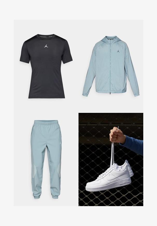 Light blue windbreaker jacket made of smooth, lightweight material. Features a hood, full-length zipper, and a black logo on the chest.; Black short-sleeve athletic t-shirt with a white Jumpman logo centered on the chest and "Jordan Sports" text inside the collar.; Light blue athletic joggers with an elastic waistband, side pockets, and reflective dotted accents on the lower legs.; White leather sneakers with perforations, round toe, flat sole, and thick laces, featuring a visible swoosh logo and "AIR" on the heel.