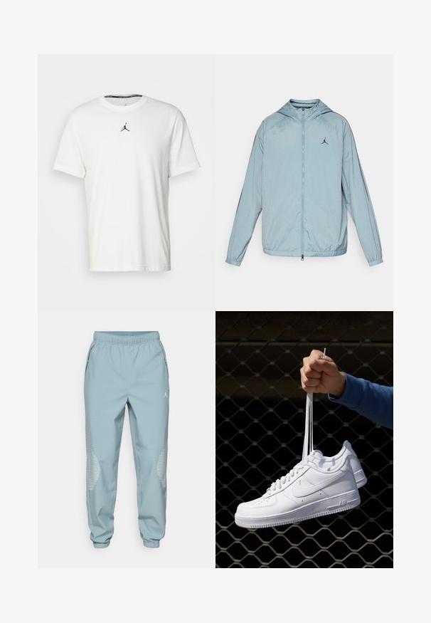 Chaqueta cortavientos azul claro hecha de material suave y ligero. Cuenta con capucha, cremallera completa y un logo negro en el pecho.; Camiseta blanca de manga corta hecha de algodón, con un logo Jumpman negro en el pecho y un cuello redondo con una etiqueta interior negra.; Pantalones deportivos de color azul claro con cintura elástica, bolsillos laterales y acentos reflectantes en los lados inferiores.; Zapatillas de cuero blanco con perforaciones, punta redonda, suela plana y cordones gruesos, con un logo de swoosh visible y "AIR" en el talón.