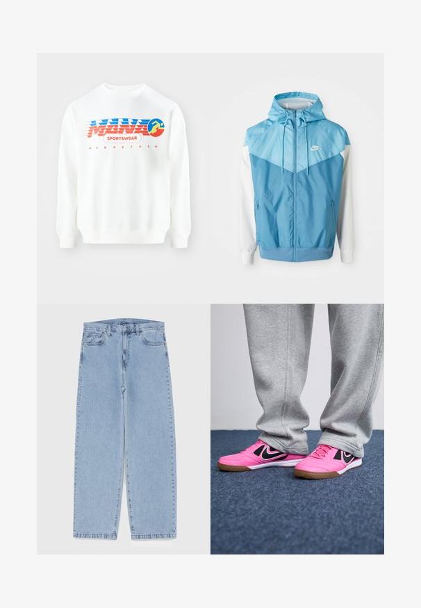 Lichtblauwe windbreaker jas met capuchon, voorzien van contrasterende witte mouwen, een ritssluiting aan de voorkant en een klein wit logo op de borst.; Witte sweatshirt met een rood en blauw grafisch ontwerp. Bevindt zich de tekst "SPORTSWEAR" en een cirkelicoon van een hardlopend figuur. Klassieke pasvorm, lange mouwen.; Drie witte geribde tanktops van katoen. Kenmerken zijn een ronde hals en kleine zwarte labels nabij de zoom. Verkrijgbaar in meerdere maten.; Lichtblauwe denim jeans met een recht model, voorzien van een middelhoge taille, vijf zakken en een knoop- en ritssluiting.; Roze sport schoenen met zwarte accenten, vetersluiting en rubberen zool. Grijze trainingsbroeken bedekken gedeeltelijk de schoenen, gezet op een blauwe tapijt.