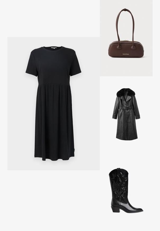 Crni kožnati kaput s velikim umjetnim krznom oko ovratnika, remenom u struku, zakopčavanjem na gumbe, dugim rukavima i vertikalnim šavovima.; Crna haljina kratkih rukava s okruglim izrezom, koja ima uski korzet i lepršavu suknju ispod koljena. Izrađena od mekog materijala.; Crne kožne kaubojske čizme sa ukrašenim šavovima, šiljastim prstom, srednje visokim nagnutim peta i trakicom za povlačenje na vrhu okvira.; Smeđi kožni ručni torbica sa zaobljenim oblikom, dva kratka ručka i zlatnim detaljima; ima zatvaranje na zip i utisnutu oznaku.