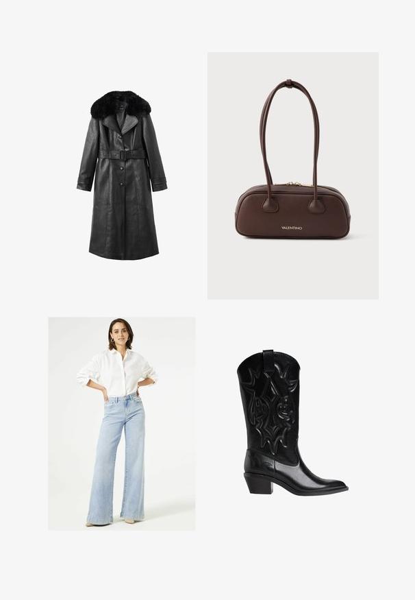 Schwarzer Ledermantel mit großem Kunstfellkragen, tailliertem Design, Knopfverschluss, langen Ärmeln und vertikalen Nahtdetails.; Graues Langarmhemd aus leichtem Baumwollmix mit Rundhalsausschnitt und schlichter Textur ohne Muster oder Akzente.; Weißes Hemd mit aufgerollten Ärmeln, kombiniert mit hellblauen weiten Jeans. Die Jeans haben einen hohen Bund und eine ausgebleichte Optik.; Schwarze Leder-Cowboy-Stiefel mit gestickten Dekormustern, spitzem Zeh, schrägem Mittelabsatz und Zugschlaufe oben am Schaft.; Braune Lederhandtasche mit runder Form, zwei kurzen Griffen und goldfarbenen Beschlägen; ausgestattet mit einem Reißverschluss und einem geprägten Logo.