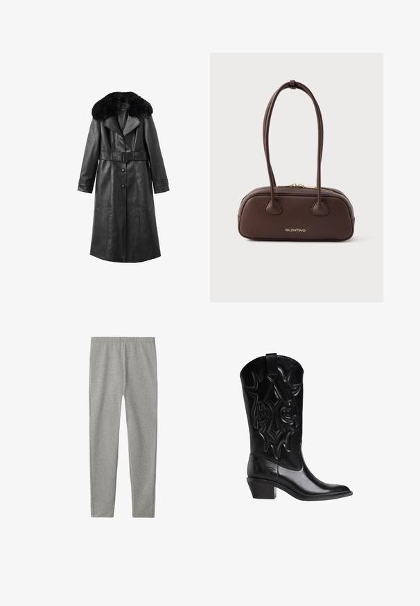 Czarny skórzany płaszcz z dużym kołnierzem z sztucznego futra, z paskiem w talii, zapięciem na guziki, długimi rękawami i pionowymi szwami.; Szara koszula z długim rękawem, wykonana z lekkiej mieszanki bawełny, z okrągłym dekoltem i gładką fakturą, bez wzorów ani dodatków.; Szare, elastyczne legginsy wykonane z mieszanki bawełny, charakteryzujące się miękką powierzchnią i elastycznym pasem dla komfortu. Dopasowany krój z prostymi nogawkami.; Czarne skórzane kowbojki z haftowanymi dekoracyjnymi wzorami, w szpic, o średniej wysokości skośnym obcasie i pasku do łapania na szczycie cholewy.; Brązowa skórzana torebka o zaokrąglonym kształcie, z dwoma krótkimi uchwytami i złotym wykończeniem; posiada zamek błyskawiczny i wytłoczone logo.