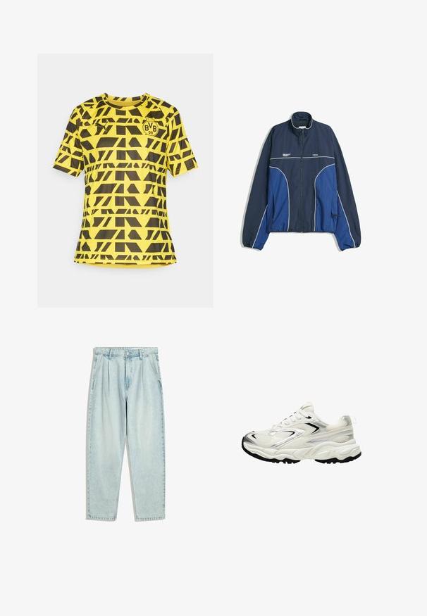 Temno modra vetrovka z belimi dodatki in visokim ovratnikom. Ima sprednji zadrgo, elastične manšete in ohlapen kroj.; Rumena kratka majica s kratkimi rokavi z geometrijskim črnim vzorcem, s krožnim ovratnikom in logotipom na levi strani prsi, izdelana iz lahkotnega materiala.; Svetlo modri jeans iz denima z ohlapnim krojem, ki imajo visok pas, naborke in ravne noge. Gladka tekstura, minimalno obrabljeni.; Bele superge z mrežasto zgornjico, srebrnimi poudarki, črnim podplatom in teksturiranimi paneli. Imajo vezalni dizajn in okroglo obliko nosu.