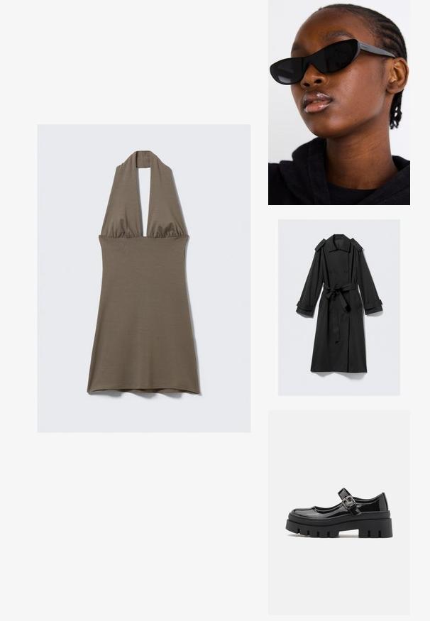 Mustat nilkkapituinen trench-coat, joka on valmistettu sileästä kankaasta. Ominaisuuksiin kuuluvat kaksirivinen etuosa, leveät kaulukset, hartiapiikit ja solmittava vyö.; Hameun kaulusmekko oliivinvihreänä, pehmeästä ja joustavasta materiaalista. Siinä on kootut vyötäröt ja levenevä hame, jolla on sileä pinta.; Even&Odd Platoo-avokkaat - black; Musta kissansilmäaurinkolasit, joissa on matta pinta, tyylikkäällä muotoilulla ja pehmeästi kaarevilla reunoilla, mallitummissa vaatteissa.