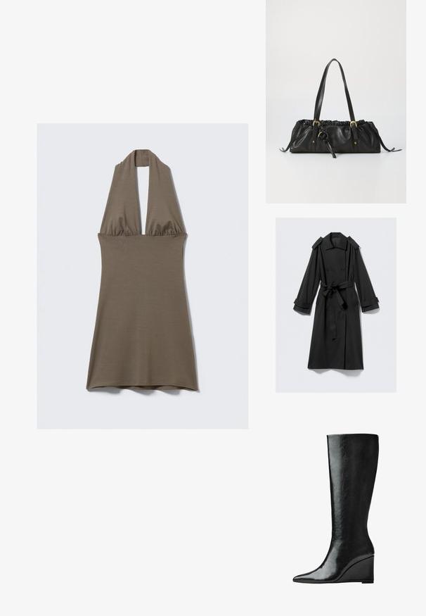 Manteau noir à longueur de cheville en tissu lisse. Il présente un avant à double boutonnage, de larges revers, des épaulettes et une ceinture à nouer.; Robe à col halter en vert olive, confectionnée dans un tissu doux et extensible. Elle présente une taille froncée et une jupe évasée, avec une texture lisse.; Bottes en cuir noires jusqu'aux genoux avec un bout pointu et un talon compensé. La surface est lisse avec une finition brillante.; Sac en cuir noir avec un haut froncé, deux poignées, quincaillerie dorée et un accent circulaire central. Texture lisse, forme compacte.