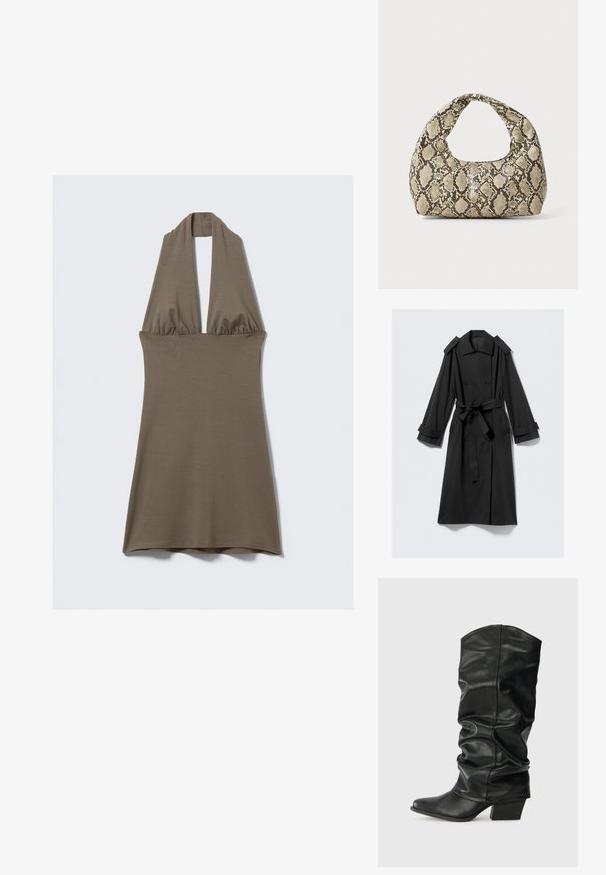 Crni trench kaput do gležnja napravljen od glatke tkanine. Ima dvostruko kopčanje sprijeda, široke reveri, epaule za ramena i vezicu.; Haljina na halterneck u maslinasto zelenoj boji, izrađena od mekog, rastezljivog materijala. Ima nabranu struk i lepršavu suknju, s glatkom teksturom.; Crne kožne čizme do koljena s opuštenim dizajnom, šiljastim vrhom i debelim potplatom, s glatkom teksturom i minimalnim šavovima.; Torba s uzorkom zmije s zakrivljenom drškom. Izrađena od teksturiranih materijala u bež i smešnim tonovima, sa karakterističnim dijamantnim uzorkom.
