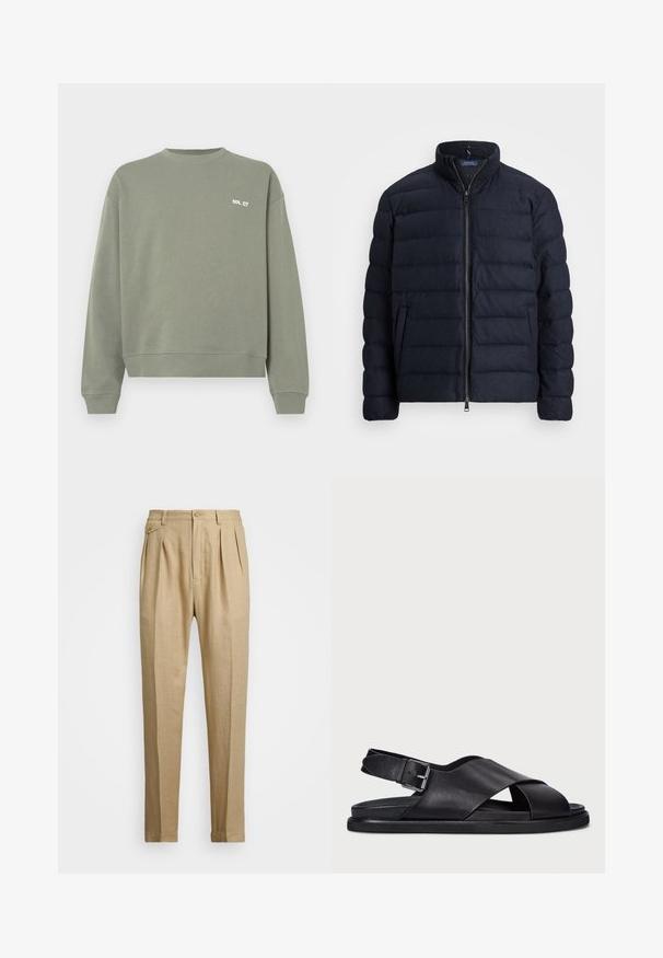 Tengerészeti pufi dzseki, álló gallérral, vízszintes tűzött mintával, elöl cipzáras záródással és oldalzsebekkel. Puha tapintás, könnyű anyag.; Olívazöld pulóver pamutból, kerek nyakkivágással, bordás mandzsettákkal és egy kis fehér szöveges logóval a mellrészen.; Beige vászon nadrág egyenes szabással, két első redővel, gombos záródással és oldalzsebekkel. Tömör textúrájú anyag sima felülettel.; Polo Ralph Lauren ZANE LEATHER SANDAL - Szandálok - black
