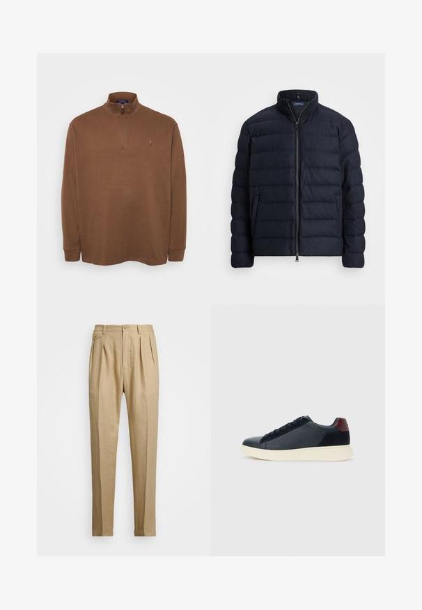 Jūrų laivyno pūkų striukė su stovinčiu apykakle, horizontaliai siūta, priekyje užtrauktukas ir šoniniai kišeniai. Minkštas texture, lengvas audinys.; Ruda ilgomis rankovėmis polo marškiniai su aukštu apykakle, su ketvirčio užtrauktuku. Minkšta tekstūra, mažas logotipo akcentas ant krūtinės.; Bežinės lininės kelnės tiesaus kirpimo, turinčios dvi priekinės klostes, sagų užsegimą ir šonines kišenes. Tekstūruotas audinys su lygiu paviršiumi.; Juodos odinės ir zomšinės vyriškos žemos sportinės avalynės su bordo spalvos kulkšnių juostele ir balto kaučiuko padu vaizdas iš išorės.