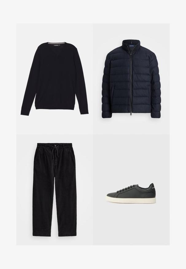 Tengerészeti pufi dzseki, álló gallérral, vízszintes tűzött mintával, elöl cipzáras záródással és oldalzsebekkel. Puha tapintás, könnyű anyag.; Fekete, hosszú ujjú, V nyakú pulóver sima, könnyű anyagból készült. Rugalmas mandzsettákkal és aljjal rendelkezik a testhezálló megjelenés érdekében.; Fekete kordbársonyfelső nadrág laza szabással, rugalmas derékpánttal és húzózsinórral, valamint oldalsó zsebekkel. Az anyag bordás textúrájú.; Fekete bőr sportcipő alacsony profilú, lekerekített orral és fűzős záródással; texturált gumitalppal és logó részlettel a saroknál.