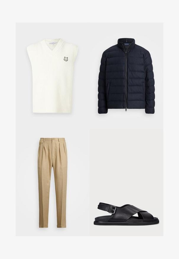 Granatowa kurtka puchowa z stójką, poziomym pikowaniem, zapięciem na zamek błyskawiczny z przodu oraz bocznymi kieszeniami. Miękka tekstura, lekki materiał.; Biała, ribbed, bezrękawnikowy sweter w serek z małą haftowaną głową wilka na lewej piersi oraz metką Maison Kitsuné wewnątrz kołnierza.; Beżowe lniane spodnie o prostym kroju, z dwoma fałdami z przodu, z zapięciem na guzik i kieszeniami po bokach. Teksturowana tkanina o gładkim wykończeniu.; Polo Ralph Lauren ZANE czarny