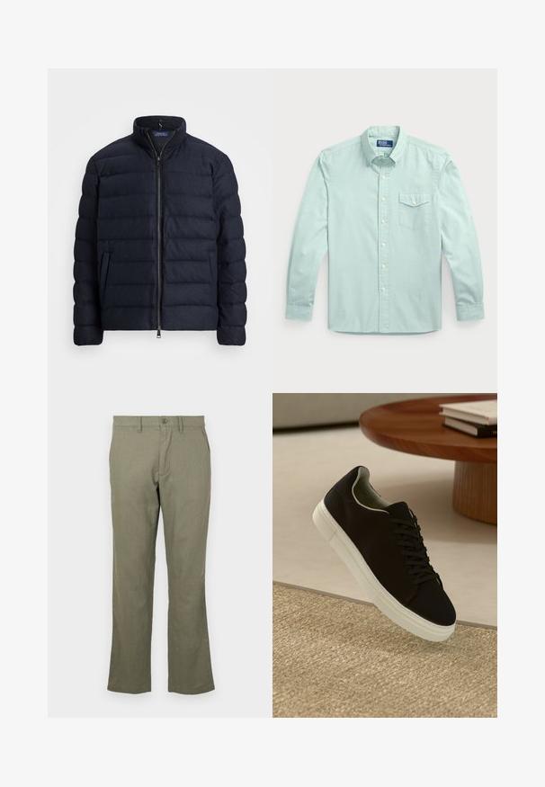 Navy puffer jacket with a stand collar, horizontal quilted design, front zipper closure, and side pockets. Soft texture, lightweight material.; Light blue long-sleeve button-up shirt with a pocket, featuring a collar, front buttons, and textured fabric.; Casual olive green pants made of a soft fabric. Features a straight leg cut, front pockets, and a button closure. No visible patterns.; Black sneaker with white sole floating above beige textured rug near round wooden table with stacked books.