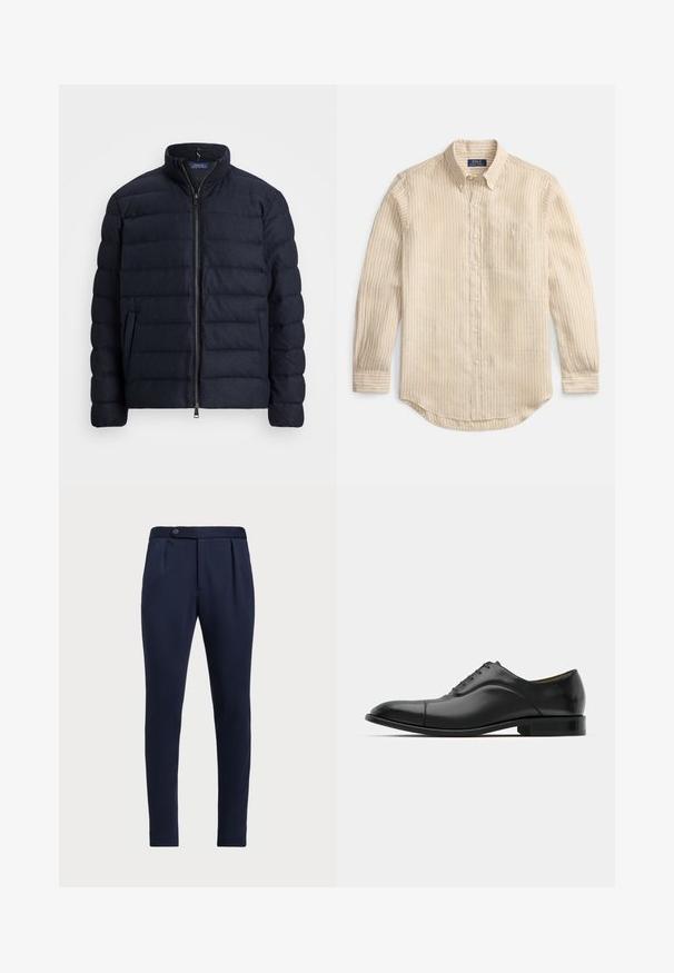 Mornarska puf jakna s uspravnim ovratnikom, horizontalnim kvadratnim dizajnom, zatvaranjem na prednjem dijelu sa sprijeda i bočnim džepovima. Mekana tekstura, lagani materijal.; Bež košulja dugih rukava s bijelim vertikalnim prugama, ovratnik na kopčanje, prednji džep i etiketa "Polo Ralph Lauren" unutar ovratnika.; Tamno plave krojene hlače s ravnim prednjim dijelom, dva prednja nabora i jednim zatvaračem na gumb, izrađene od glatkog, teksturiranog materijala.; Crne kožne cipele s glatkom teksturom, zaobljenim vrhom i pet rupa za vezanje. Karakteriziraju ih niski složeni potplat i suptilna šavova.