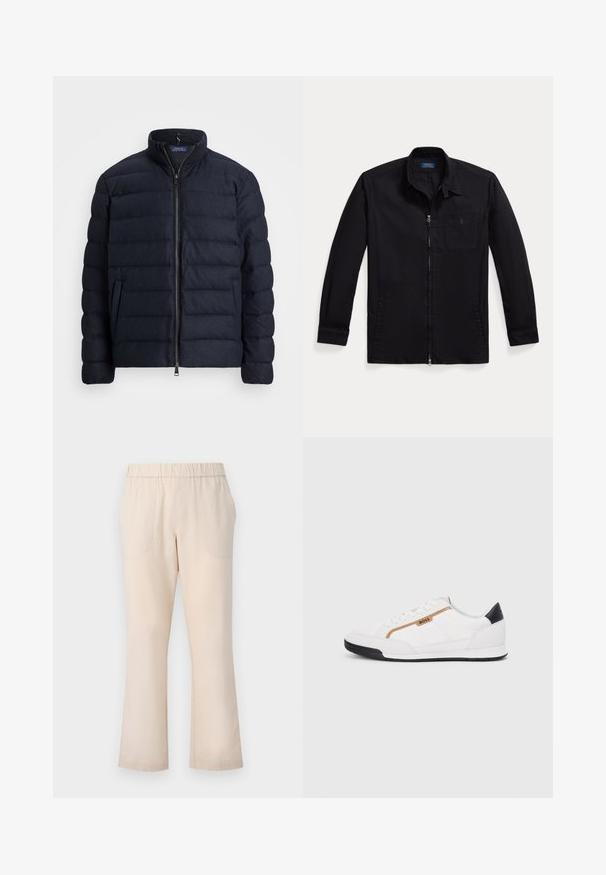 Marineblauwe pufferjack met een staande kraag, horizontaal gestikte ontwerp, rits aan de voorkant en zijzakken. Zachte textuur, lichtgewicht materiaal.; Zwarte jas van lichtgewicht stof, met een ritssluiting aan de voorkant, puntkraag en een borstzak aan de linkerzijde met logo. Lange mouwen met manchet details.; Beige flared trousers met een elastische tailleband, twee voorzakken en een gladde katoenen textuur. Geen zichtbare patronen of hardware.; Witte sportieve schoenen met gaas- en lederen accenten. Voorzien van een gouden "BOSS" logo, gestructureerde zijpanelen en een zwarte hakkap. Rubberen zool.