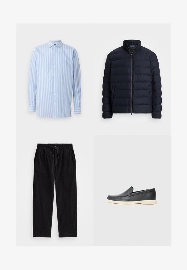 Marineblauwe pufferjack met een staande kraag, horizontaal gestikte ontwerp, rits aan de voorkant en zijzakken. Zachte textuur, lichtgewicht materiaal.; Lichtblauw overhemd met lange mouwen, voorzien van verticale witte en lichtblauwe strepen, met knoopsluiting, kraag en een klein geborduurd logo op de borst.; Zwarte corduroy broek met een relaxte pasvorm, voorzien van een elastische tailleband met een koord, en zijzakken. De stof vertoont een ribbelstructuur.; Zwarte leren instappers met een gestructureerde afwerking en een contrasterende beige rubberen zool. Beschikt over een subtiele accent langs de voorkant.