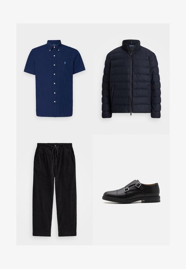 Casaco acolchoado azul-marinho com gola alta, design de costura horizontal, fecho frontal com zíper e bolsos laterais. Textura suave, material leve.; Camisa de botão azul-marinho de mangas curtas com colarinho pontudo e um pequeno logótipo de polo azul-claro. Apresenta botões brancos e um tecido liso e texturizado.; Calças de veludo cotelê pretas com um ajuste relaxado, apresentando uma cintura elástica com cordão e bolsos laterais. O tecido apresenta uma textura canalizada.; Sapata de couro preto com fecho de fivela dupla, biqueira arredondada, costura subtil e sola de borracha texturada e plana.