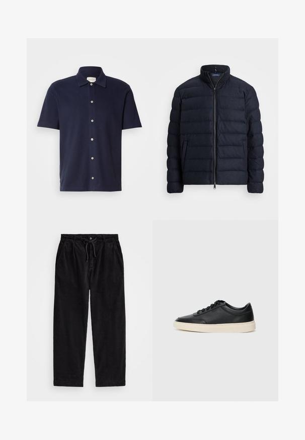 Jachetă puffer de marină cu guler înălțat, design lăcuit pe orizontală, închidere cu fermoar frontal și buzunare laterale. Textură moale, material ușor.; Tricou polo cu mânecă scurtă, de culoare albastru marin, cu un guler clasic, care are închidere cu nasturi și un mic logo brodat pe piept.; Pantaloni negri din catifea cu o croială lejera, având un tiv elastic cu șnur și buzunare laterale. Materialul prezintă o textură ribbed.; Sneaker din piele neagră, cu vârf jos, cu șireturi negre și talpă de un alb murdar, prezentat în profil lateral, pe un fundal alb.