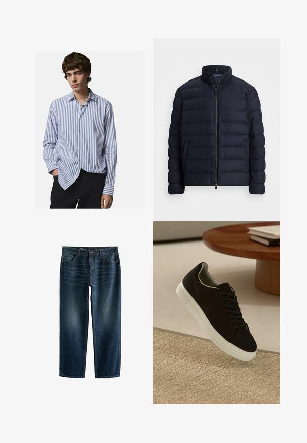 Giacca puffer blu navy con colletto alto, design a righe orizzontali, chiusura frontale con zip e tasche laterali. Tessuto morbido, materiale leggero.; Camicia a righe bianca e blu. Presenta un colletto classico, maniche lunghe e una vestibilità comoda. Tessuto morbido con leggero lucido.; Jeans in denim scuro con una vestibilità ampia, gambe dritte, design a cinque tasche e leggero sbiadimento sia sul davanti che sul retro.; Sneaker nero con suola bianca che flotta sopra un tappeto beige testurizzato vicino a un tavolo rotondo in legno con libri impilati.
