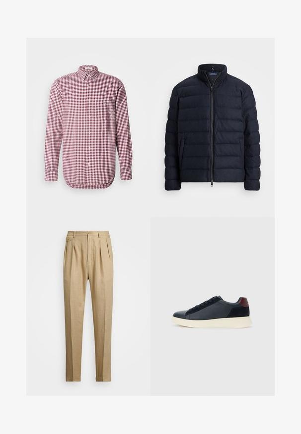 Giacca puffer blu navy con colletto alto, design a righe orizzontali, chiusura frontale con zip e tasche laterali. Tessuto morbido, materiale leggero.; Camicia a quadratini rossi e bianchi con maniche lunghe, colletto e tasca sul petto. Realizzata in tessuto leggero, con una texture liscia.; Pantaloni in lino beige con taglio dritto, dotati di due pince anteriori, chiusura con bottone e tasche laterali. Tessuto testurizzato con una finitura liscia.; Sneaker da uomo a basso profilo in pelle nera e suede con linguetta sul tallone color bordeaux e suola in gomma bianca, vista dal lato esterno.