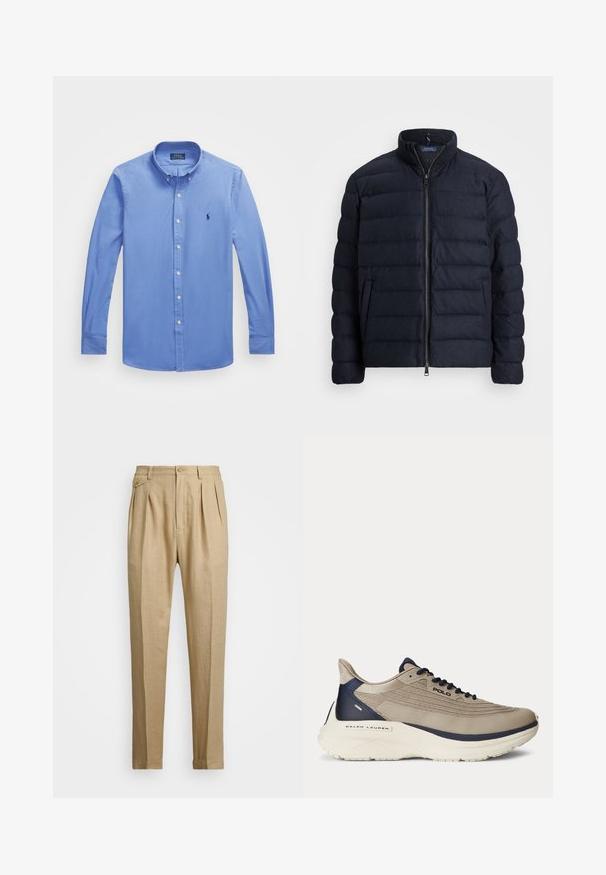 Giacca puffer blu navy con colletto alto, design a righe orizzontali, chiusura frontale con zip e tasche laterali. Tessuto morbido, materiale leggero.; Camicia azzurra chiara a maniche lunghe con colletto button-down, bottoni bianchi e un piccolo logo ricamato sul petto sinistro. Tessuto morbido.; Pantaloni in lino beige con taglio dritto, dotati di due pince anteriori, chiusura con bottone e tasche laterali. Tessuto testurizzato con una finitura liscia.; Scarpa sportiva beige con una parte superiore in rete testurizzata, accenti blu navy, suola bianca spessa e dettagli di design intricati. Presenta lacci e branding del logo.