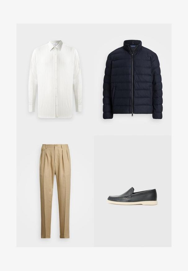 Tumesinine puffjaket, millel on tõusva krae, horisontaalne tikandimuster, ees lukuga sulgemine ja küljetaskud. Pehme tekstuur, kerge materjal.; Valge pikkade varrukatega särk, millel on õhukesed vertikaalsed triibud, nööbid ees, terav kaelus ja manseti detailid. Valmistatud kergest kangast.; Bežid linasest püksid sirge lõikega, kahel esisel peenral, nööbiga kinnitamisel ja küljetaskutega. Tekstuuritud kangas sileda viimistlusega.; Must musta sussid mustast nahast, millel on tekstuuriga pind ja kontrastne beež kummitald. Ees on peen aktsent.