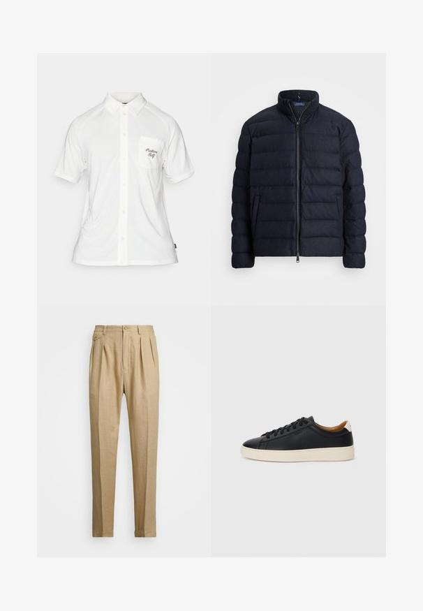 Giacca puffer blu navy con colletto alto, design a righe orizzontali, chiusura frontale con zip e tasche laterali. Tessuto morbido, materiale leggero.; Polo shirt bianco a maniche corte con chiusura a bottoni, tessuto texturizzato e una tasca sul petto a sinistra con testo ricamato in nero.; Pantaloni in lino beige con taglio dritto, dotati di due pince anteriori, chiusura con bottone e tasche laterali. Tessuto testurizzato con una finitura liscia.; Sneakers in pelle nera con una texture liscia, suola in gomma beige, design con lacci e un accento del tacco in contrasto.