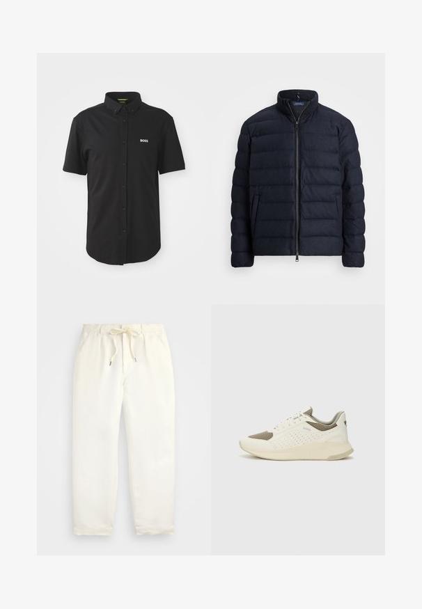 Tengerészeti pufi dzseki, álló gallérral, vízszintes tűzött mintával, elöl cipzáras záródással és oldalzsebekkel. Puha tapintás, könnyű anyag.; Fekete, rövid ujjú ing gombos záródással és hegyes gallérral. A bal mellkas területén fehér "BOSS" logóval rendelkezik. Sima anyagból készült.; Világos krém színű, puha anyagból készült könnyed nadrág. Rugalmas derékpánttal és húzózsinórral rendelkezik, valamint keskenyített lábdesign jellemzi.; Fehér és világos bézs sportcipő, légies hálós felsőrésszel, perforált részletekkel és texturált középtalppal, amelyen a saroknál a márka logója található.