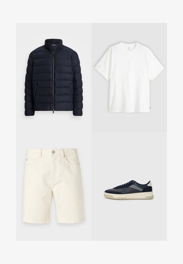Tumesinine puffjaket, millel on tõusva krae, horisontaalne tikandimuster, ees lukuga sulgemine ja küljetaskud. Pehme tekstuur, kerge materjal.; Valge lühikeste varrukatega puuvillane T-särk, millel on ümmargune kaelus. Ees on peene reljeefse logoga detail ja hemmi peal punane silt.; Heledad beežid denim lühikesed püksid klassikalise lõikega, millel on esikotid, vöökohad ja nupclosure. Sile tekstuur ühtlase värviga.; BOSS BALTIMORE - Tossud - open blue