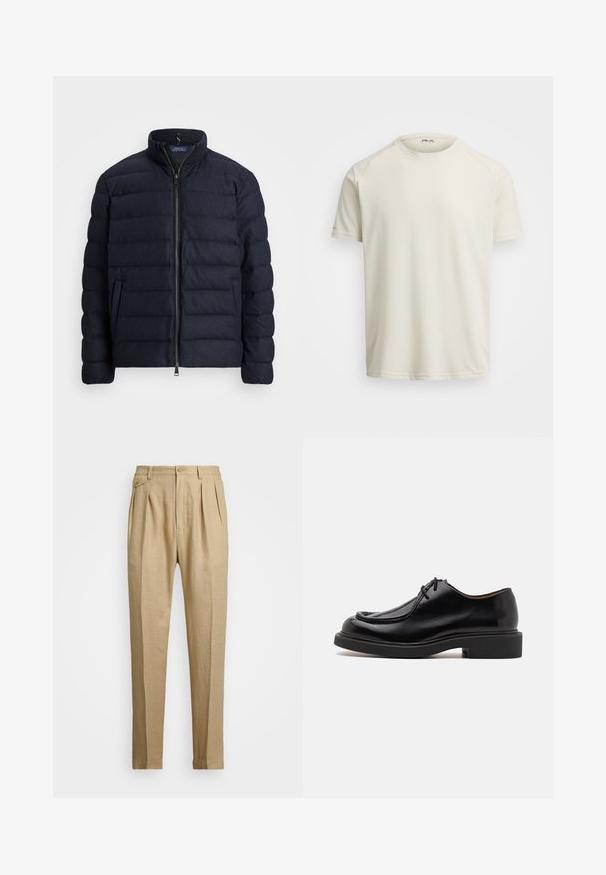 Marineblaue Daunenjacke mit Stehkragen, horizontal gestepptem Design, Frontreißverschluss und Seitentaschen. Weicher Stoff, leichtes Material.; Helle Creme T-Shirt mit kurzen Ärmeln aus weichem, atmungsaktivem Stoff, Rundhalsausschnitt und Raglanärmeln. Minimalistisches Design, nahtlose Seiten.; Beige Leinenhose mit geradem Schnitt, ausgestattet mit zwei vorderen Falten, einem Knopfverschluss und seitlichen Taschen. Strukturierter Stoff mit glatter Oberfläche.; Schwarzer Lederschuh mit runder Zehenform, gesteppten Details, minimalen Schnürsenkeln und dicker Gummisohle für Traktion und Langlebigkeit.