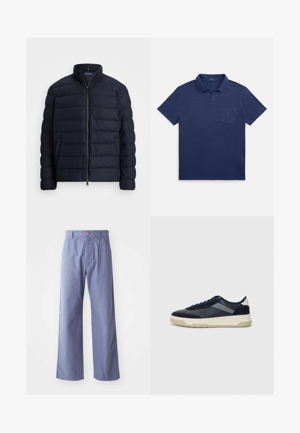 Casaco acolchoado azul-marinho com gola alta, design de costura horizontal, fecho frontal com zíper e bolsos laterais. Textura suave, material leve.; Camisola pólo azul-marinho de algodão, com gola dobrada, mangas curtas e um bolso no peito com um pequeno detalhe de logótipo.; Calças largas de tom azul claro, feitas de um tecido misto de algodão, com fecho de botão na frente e dois bolsos laterais. Textura suave.; BOSS BALTIMORE - Sapatilhas - open blue