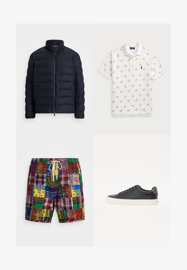 Marineblauwe pufferjack met een staande kraag, horizontaal gestikte ontwerp, rits aan de voorkant en zijzakken. Zachte textuur, lichtgewicht materiaal.; Witte polo gemaakt van katoen, met een herhaald blauw hondenpatroon en een klein blauw logo op de borst. Korte mouwen en kraag.; Multicolore patchwork zwemshorts met een mix van patronen, een trekkoord in de taille en een lichtgewicht, textuurstof.; Zwarte leren sneaker met een gestructureerde afwerking, witte rubberen zool, ronde neus en groene accenten op de hiel. Zes gaatjes vetersluiting.