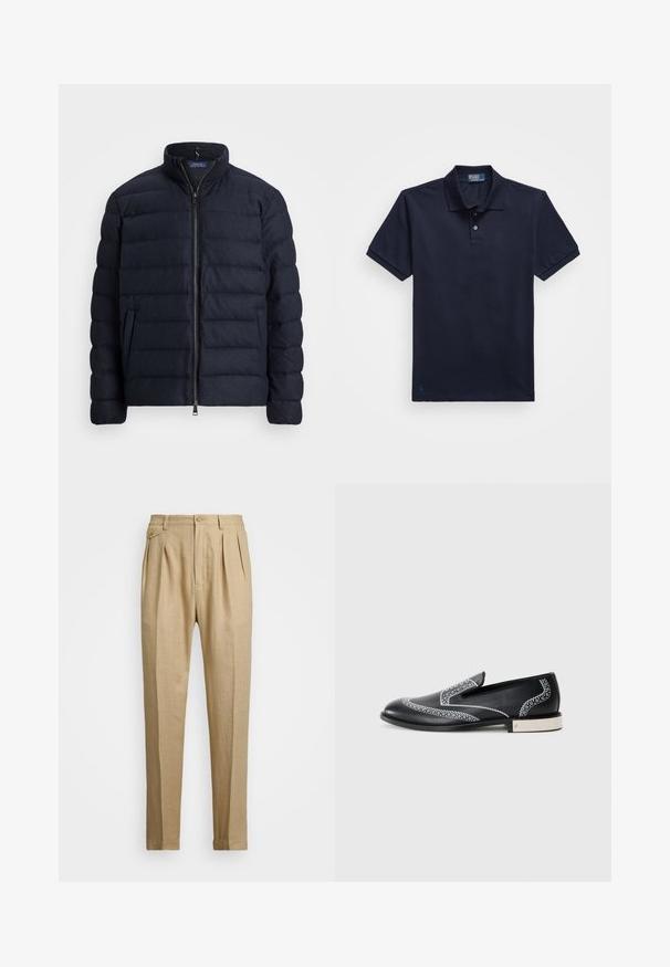 Navy puffer jacket with a stand collar, horizontal quilted design, front zipper closure, and side pockets. Soft texture, lightweight material.; Navy blue polo shirt made of textured fabric, featuring a two-button placket and a small embroidered logo at the hem. Short sleeves.; Beige linen trousers with a straight cut, featuring two front pleats, a button closure, and side pockets. Textured fabric with a smooth finish.; Black leather loafers with white decorative stitching and a metallic accent on the heel, featuring a smooth texture and streamlined silhouette.
