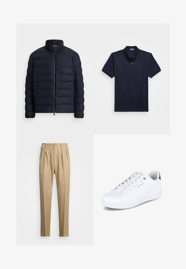 Veste matelassée marine avec un col montant, design matelassé horizontal, fermeture éclair à l'avant et poches latérales. Texture douce, matériau léger.; Polo bleu marine en tissu texturé, avec un col à deux boutons et un petit logo brodé à l'ourlet. Manches courtes.; Pantalons en lin beige avec une coupe droite, arbore deux pinces à l'avant, une fermeture à bouton et des poches latérales. Tissu texturé avec une finition lisse.; Baskets blanches, en matériau synthétique lisse, design bas, bout rond, six œillets, détail de logo sur le côté, accent de talon sombre contrastant.