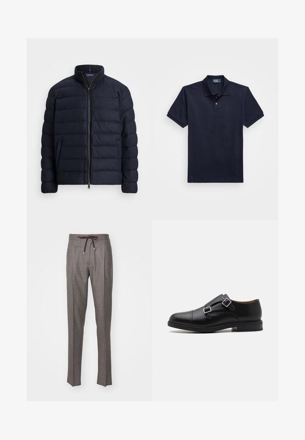 Granatowa kurtka puchowa z stójką, poziomym pikowaniem, zapięciem na zamek błyskawiczny z przodu oraz bocznymi kieszeniami. Miękka tekstura, lekki materiał.; Granatowa koszulka polo z fakturowanej tkaniny, z dwoma guzikami i małym haftowanym logo na dolnym brzegu. Krótkie rękawy.; Szare wplecione spodnie z elastycznym paskiem, z delikatnym wzorem w kratkę, dwoma fałdami z przodu oraz zwężanymi nogawkami.; Czarne skórzane buty na formalne wyjścia, z podwójnym zapięciem na klamry, okrągłym czubkiem, delikatnym przeszyciem oraz płaską, teksturowaną gumową podeszwą.