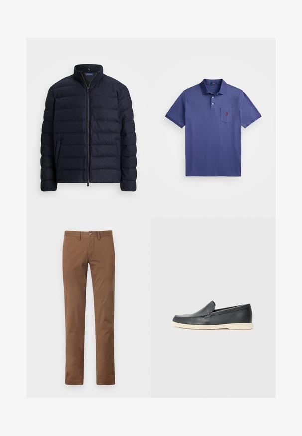 Námořnická prošívaná bunda s vysokým límcem, vodorovným prošívaným designem, zapínáním na předním zipu a bočními kapsami. Jemná textura, lehký materiál.; Fialové polo tričko vyrobené z bavlny, s tříknoflíkovou légou, krátkými rukávy a náprsní kapsou s vyšitým červeným logem.; Hnědé bavlněné twill kalhoty se rovnými nohavicemi, zapínáním na knoflík a jemným leskem; bez viditelných vzorů nebo kovových detailů.; Černé kožené mokasíny na klínku s texturovaným povrchem a kontrastní béžovou gumovou podrážkou. Vyznačují se jemným akcentem podél přední části.