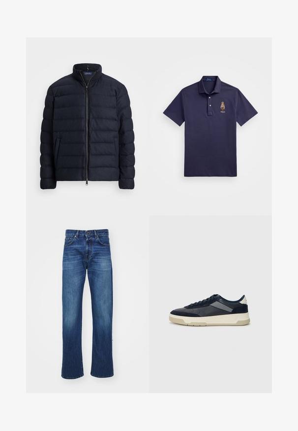 Chaqueta acolchada azul marino con cuello alto, diseño de acolchado horizontal, cierre frontal con cremallera y bolsillos laterales. Textura suave y material ligero.; Polo Ralph Lauren CUSTOM SLIM POLO BEAR MESH POLO SHIRT - Polo - faded blue bear; Vaqueros de mezclilla azul con un diseño de pierna recta, que cuentan con bolsillos frontales, trabillas para cinturón y un ligero desgaste en los muslos. Textura de tela duradera.; BOSS BALTIMORE - Zapatillas - open blue