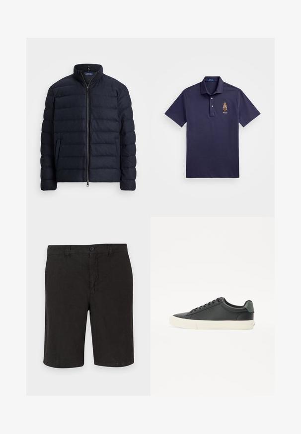 Mornarska puffer jakna z odcvetnim ovratnikom, horizontalnim prešitim dizajnom, sprednjim zadrgo in stranskima žepoma. Mehak tekstil, lahek material.; Polo Ralph Lauren CUSTOM SLIM POLO BEAR MESH POLO SHIRT - Polo majica - faded blue bear; Črne lanene kratke hlače z gumbastim zapiranjem, ravnim sprednjim delom in ravnim krojem. Lahka tkanina z gladko površino.; Črne usnjene superge s teksturiranim površjem, bela gumijasta podplat, okrogla kapa in zeleni detajl na peti. Šestlukenjski sistem vezanja.