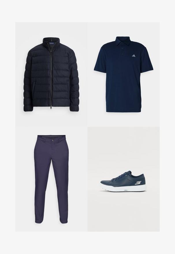 Tumesinine puffjaket, millel on tõusva krae, horisontaalne tikandimuster, ees lukuga sulgemine ja küljetaskud. Pehme tekstuur, kerge materjal.; Tumesinine polosärk, valmistatud kerge kangaga, millel on krae, kolm nööpi ja vasakul rinnal väike hall logo. Lühikesed varrukad.; Tumed sinise värvi kitsad püksid nupuga ja lukuga kinnituses, vöökohavööd ja kitsenevad jalad valge tausta ees.; Tumesinine tennis jalanõud sujuva sünteetilise pealispinnaga, pehme kaelaosa ja valge tallaga. Küljel on logo ja kindla istuvuse tagamiseks lame pael.