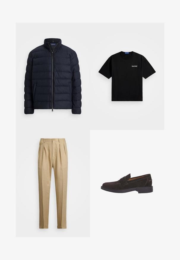 Granatowa kurtka puchowa z stójką, poziomym pikowaniem, zapięciem na zamek błyskawiczny z przodu oraz bocznymi kieszeniami. Miękka tekstura, lekki materiał.; Czarna bawełniana koszulka z okrągłym dekoltem i krótkimi rękawami. Posiada logo "POLO SPORT" na lewej piersi w kolorze białym. Standardowy krój.; Beżowe lniane spodnie o prostym kroju, z dwoma fałdami z przodu, z zapięciem na guzik i kieszeniami po bokach. Teksturowana tkanina o gładkim wykończeniu.; Façonnable - Półbuty wsuwane