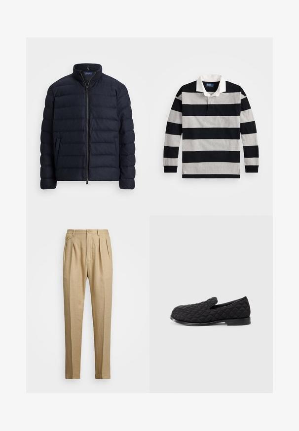 Námořnická prošívaná bunda s vysokým límcem, vodorovným prošívaným designem, zapínáním na předním zipu a bočními kapsami. Jemná textura, lehký materiál.; Černé a šedé pruhované polo tričko s dlouhým rukávem, bílé límcem a malým logem na dolním lemu. Měkký bavlněný materiál.; Béžové lněné kalhoty rovného střihu, s dvěma předními sklady, zapínáním na knoflík a bočními kapsami. Strukturovaná tkanina s hladkým povrchem.; Černé prošívané nazouvací boty s texturovaným svrškem, zaoblenou špičkou a plochou černou podrážkou, na které se nachází prošívání ve tvaru diamantů.