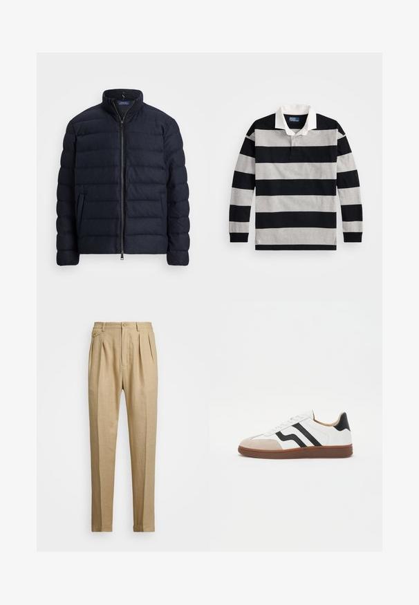 Marineblaue Daunenjacke mit Stehkragen, horizontal gestepptem Design, Frontreißverschluss und Seitentaschen. Weicher Stoff, leichtes Material.; Gestreiftes Polohemd mit langen Ärmeln in Schwarz und Grau, einem weißen Kragen und einem kleinen Logoakzent am unteren Saum. Weiches Baumwollmaterial.; Beige Leinenhose mit geradem Schnitt, ausgestattet mit zwei vorderen Falten, einem Knopfverschluss und seitlichen Taschen. Strukturierter Stoff mit glatter Oberfläche.; Weißer Sneaker mit schwarzen Streifenakzenten, Wildleder-Zehenkappe und brauner Gummisohle. Glattes Lederoberteil mit rundem Design.